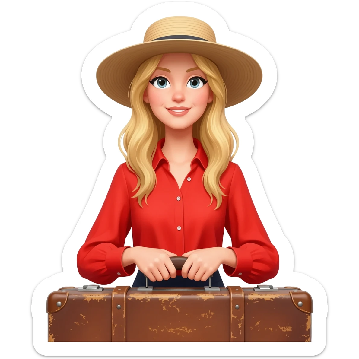 Blonde lady in a summer hat wearing red holding a suitcase. Torso only sticker