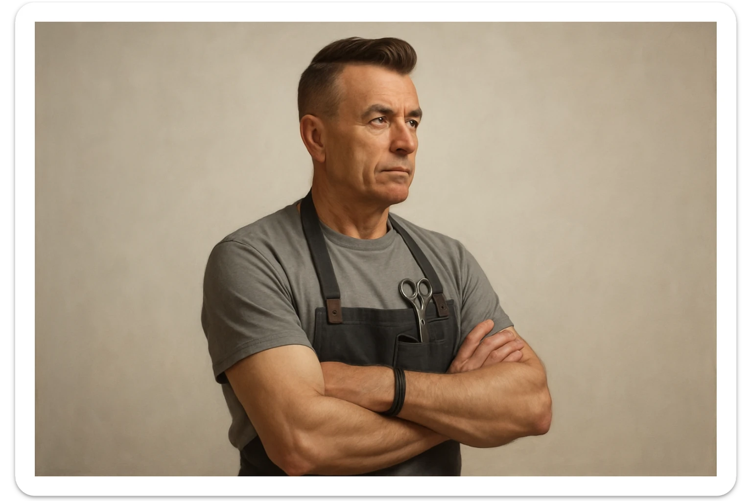 shu pozada turgan faqat chap tarafga qarab turgan sartarosh ustani tasvirlab ber realistik uslubda yoshi kattaroq soqol shart emas sticker