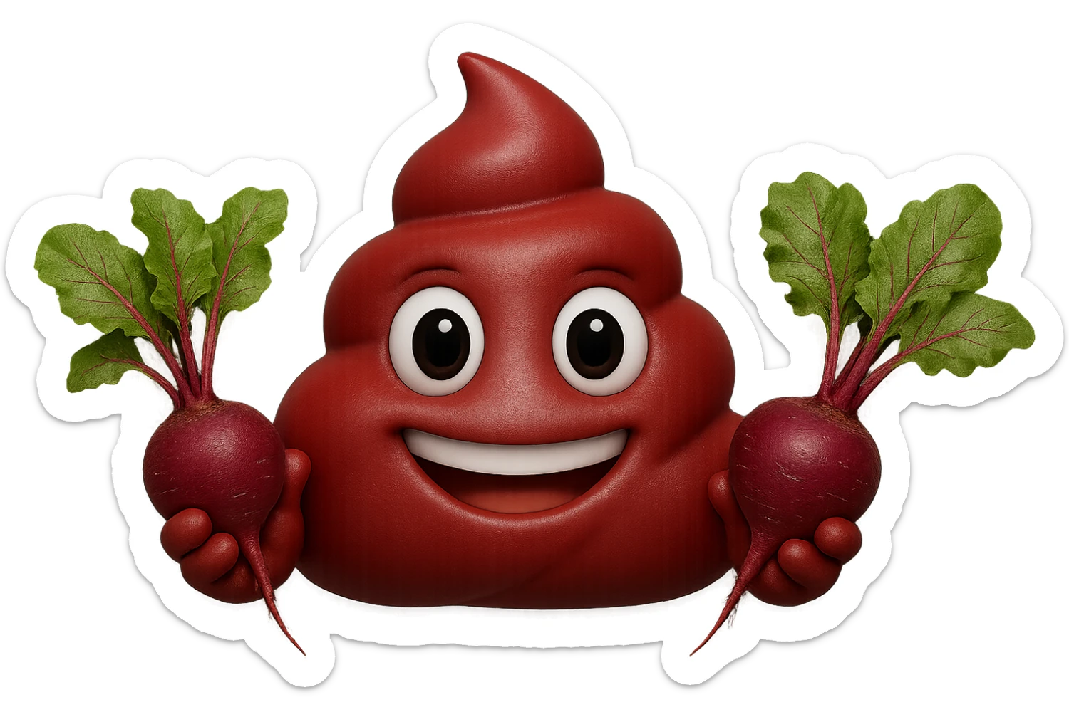 emoji stile iphone 3d di una cacca rossa con barbabietole in mano, iperrealistiche 4k sticker