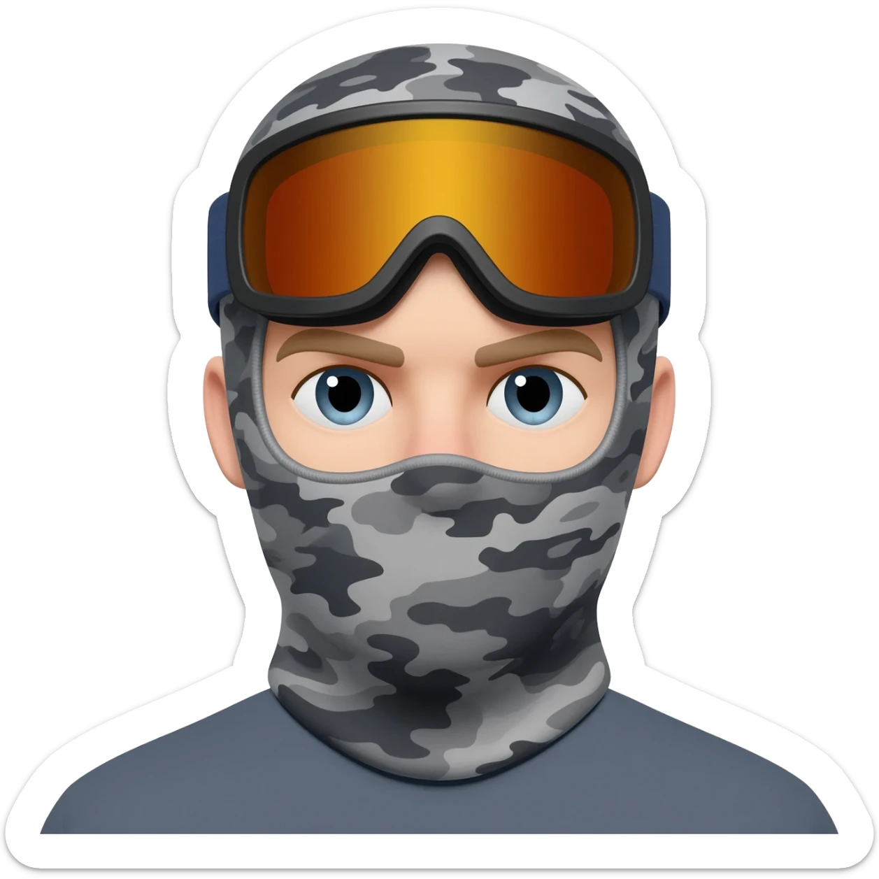 Man wearing a grey camo balaclava and ski googles sticker