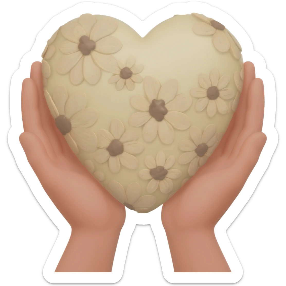hands are holding light beige human heart with beige flowers sticker