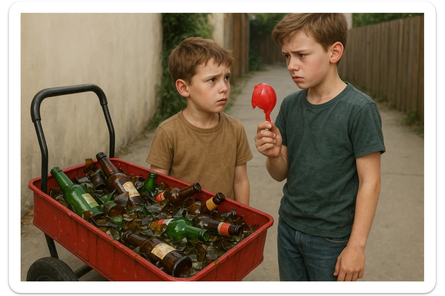 g'ildiragi singan ichimliklar ortilgan arava bir baloni singan uni yonida aka uka havotirli nigoh bilan bir biriga qarab turishibdi realistik qilib ber sticker