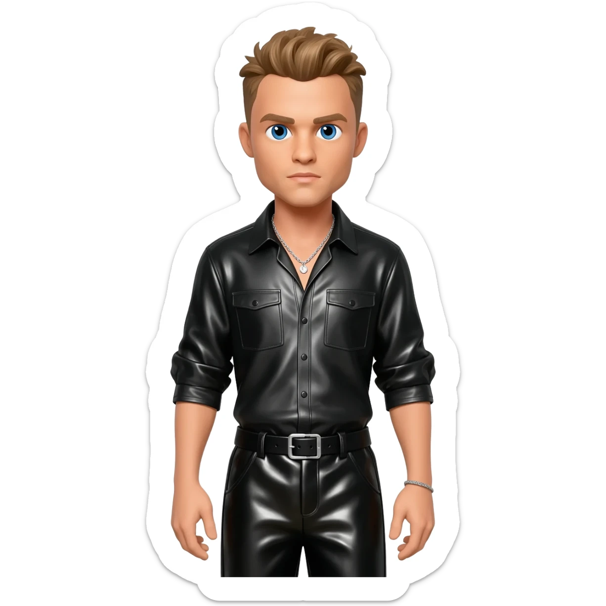 Justin Timberlake with blue eyes, light brown hair, black metallic shirt, black metallic baggy pants, silver necklace sticker
