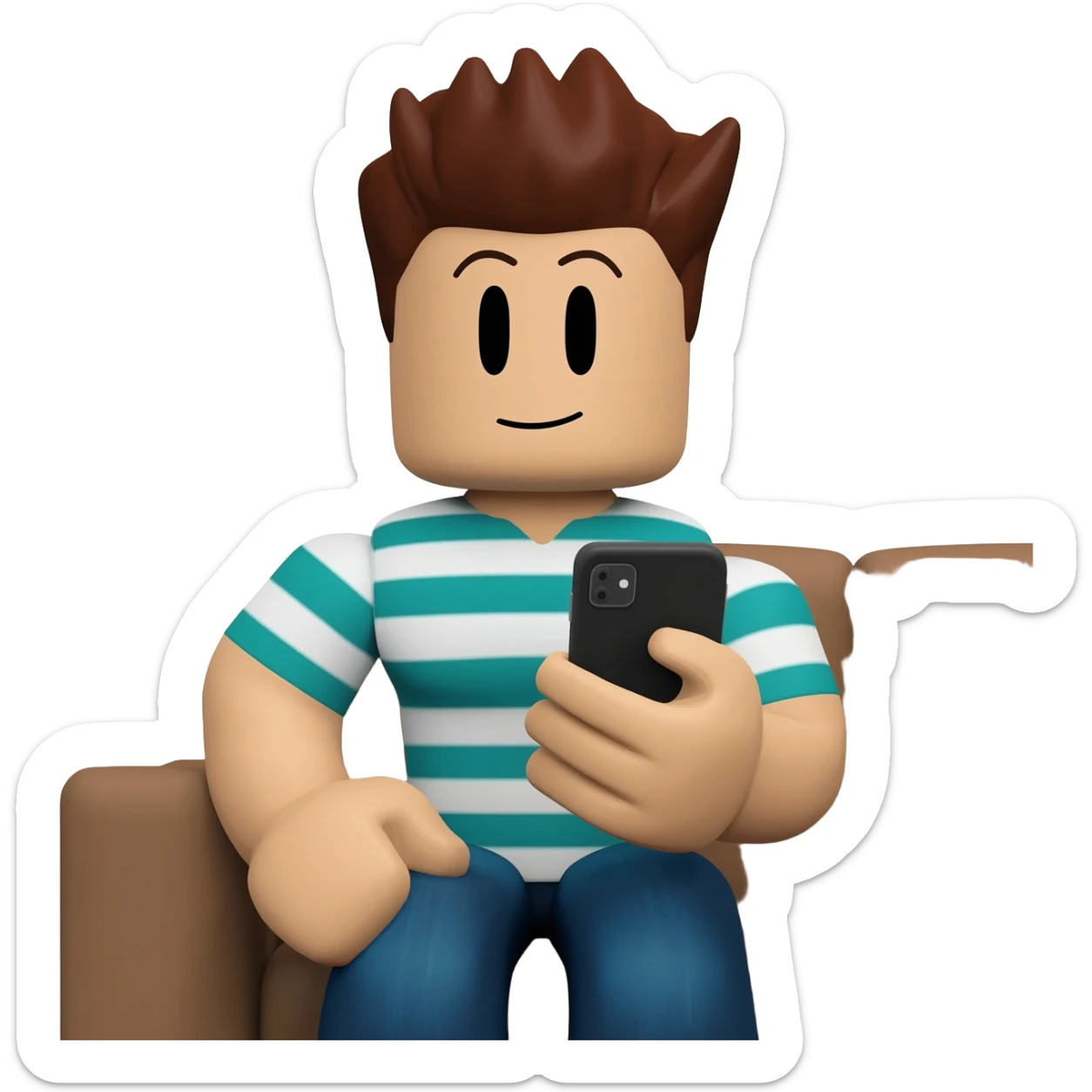 Genera un personaje de roblox con playera de rayas y jugando con su celular sentado en un sillon sticker