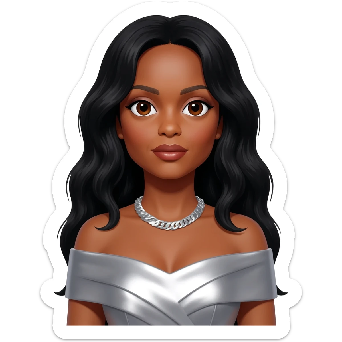 Diana Ross with brown eyes, long black hair, silver metallic off shoulder dress, silver necklace sticker