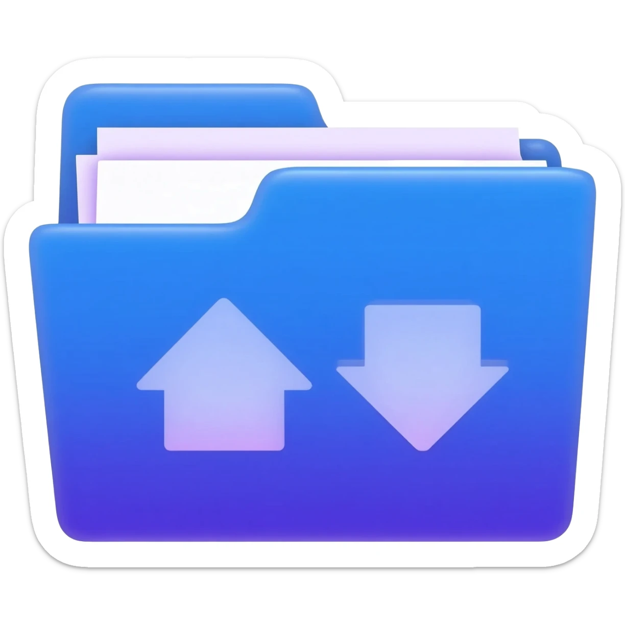 "A blue digital folder placed over a regular file folder, with a soft purple glow effect and an arrow indicating file upload and download with japan word." sticker