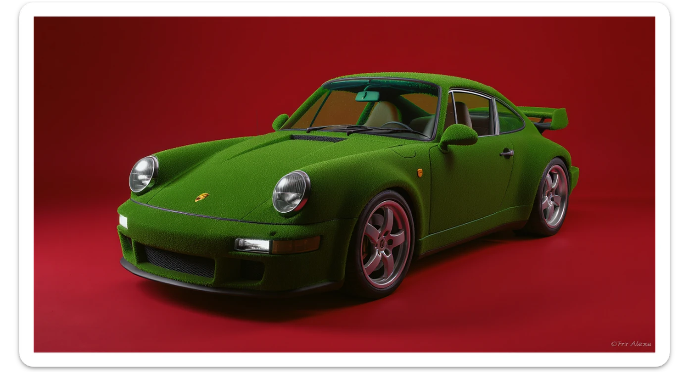 Medium shot of a porsche 911 made of green grass, red solid studio background, low keu light, top soft light, dutch angle,  captured by arri alexa sticker