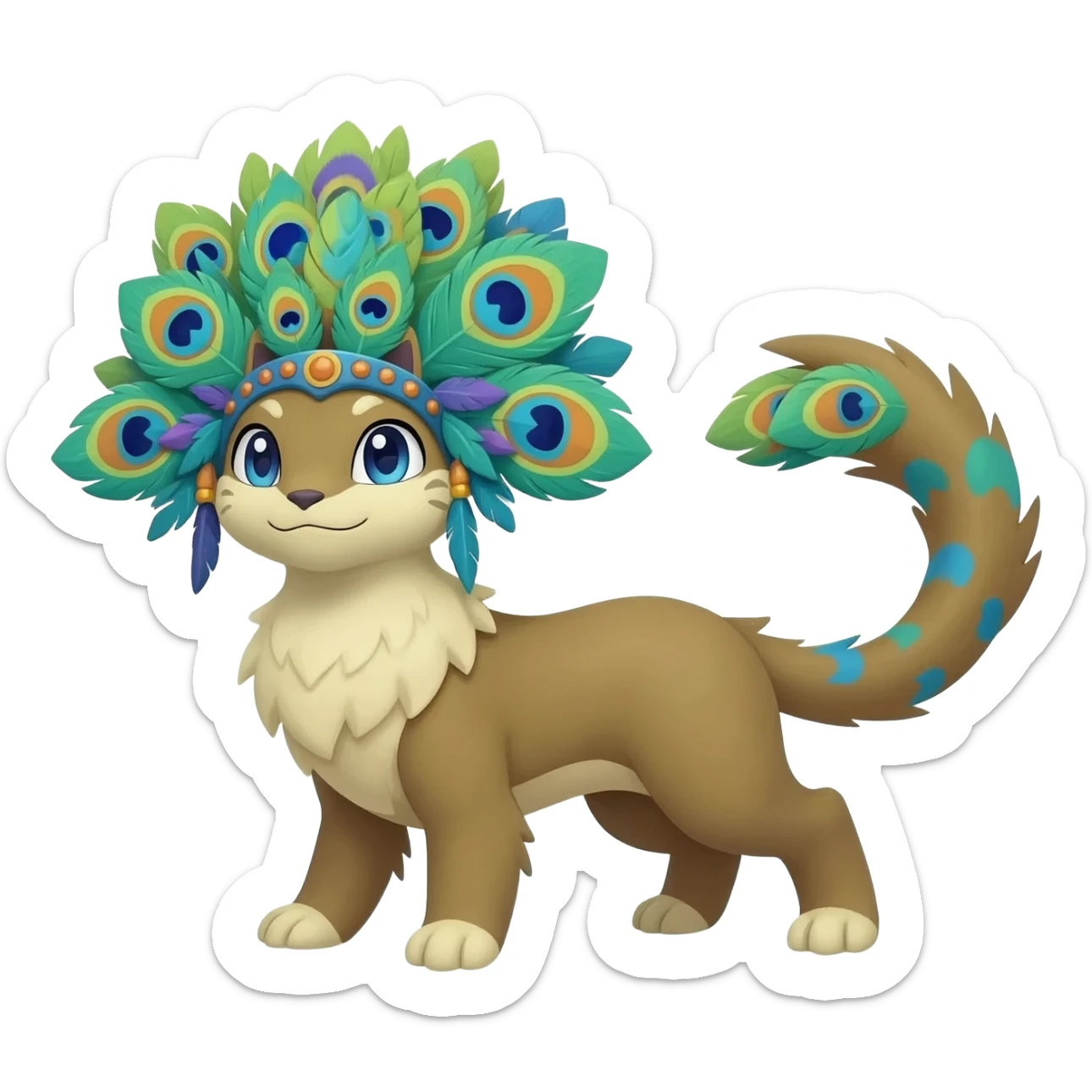  beautiful handsome gorgeous aesthetic colorful vibrant Vernid-Trico-species-Fakemon-creature by LiLaiRa, 4 legs, 1 tail, random markings, (full body) with a peacock-like-feather-headdress sticker