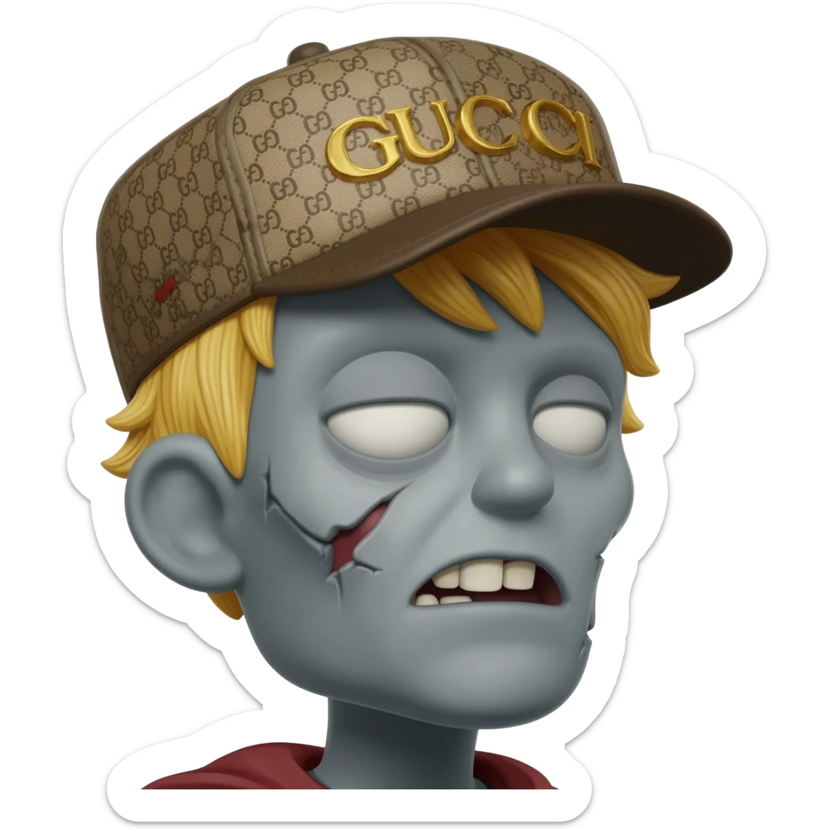 cor de pele cinza, zumbi com o cabelo loiro e um boné da gucci virado de lado sticker