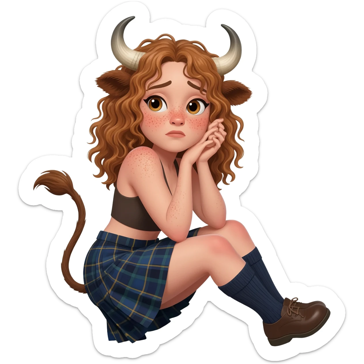 shy buff curly woman with frecles with light brown messy hair touches her long brown cow tail with both hands with strong fat thights with cow horns and cow brown ears with big butt in a short scottish kilt and with knee socks and shoes crossed legs very shy expression sticker
