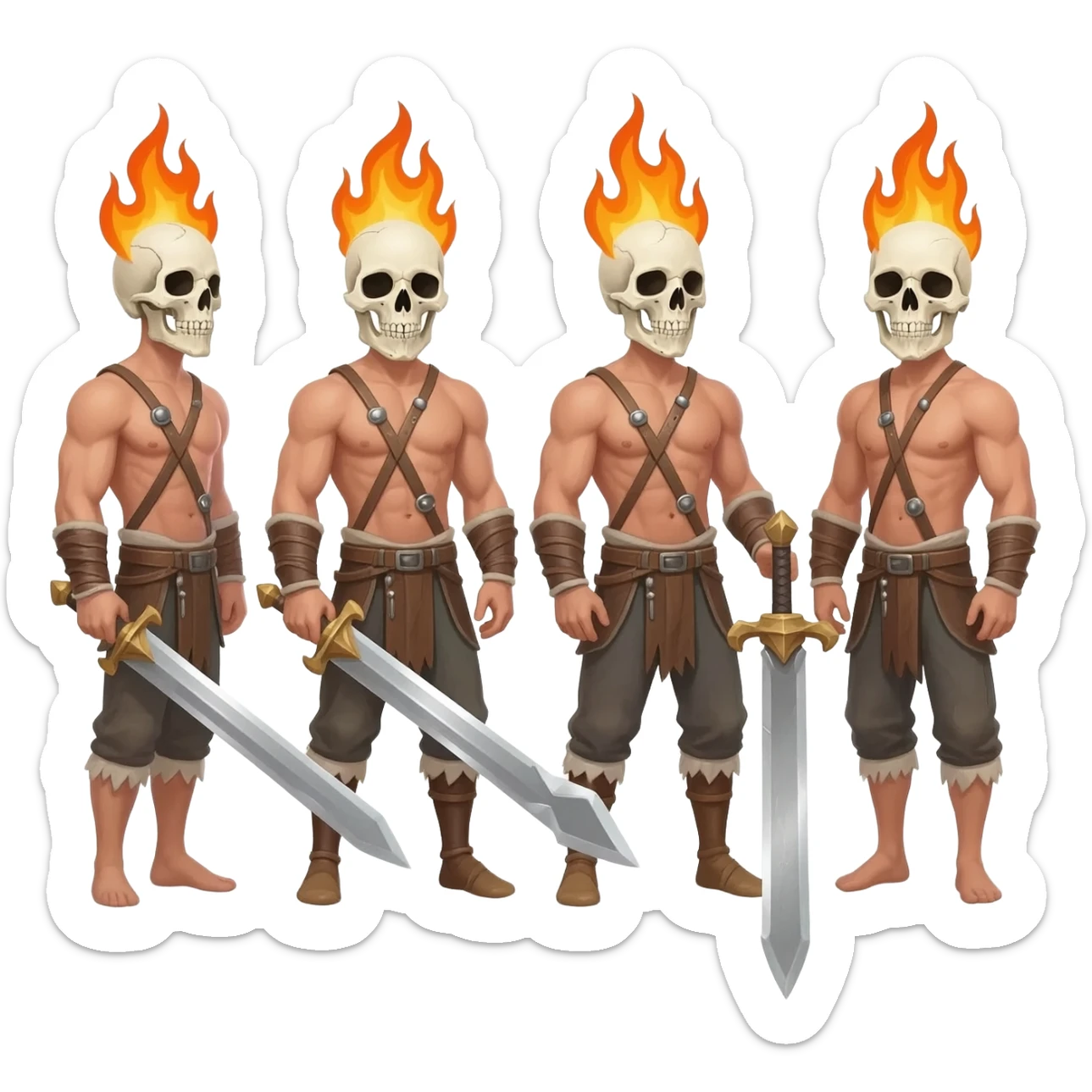 A 4 stage sprite sheet of a man with a burning skull head, show the 4 stages of him attacking with his large sword, shirtless, full body  right sticker