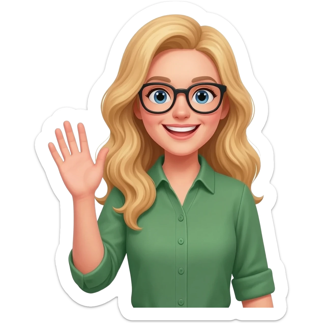 green shirt hand in the air woman with long curly blonde hair an glasses sticker