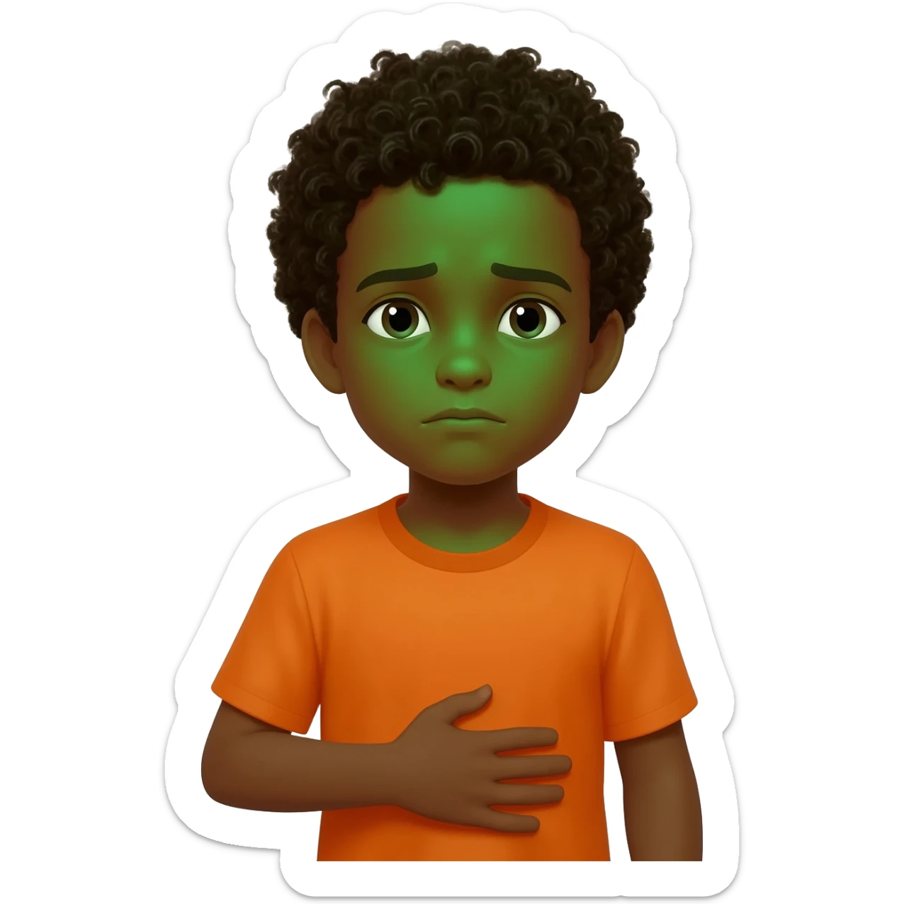 black boy curly hair orange shirt feel sick hand on stomach green face sticker