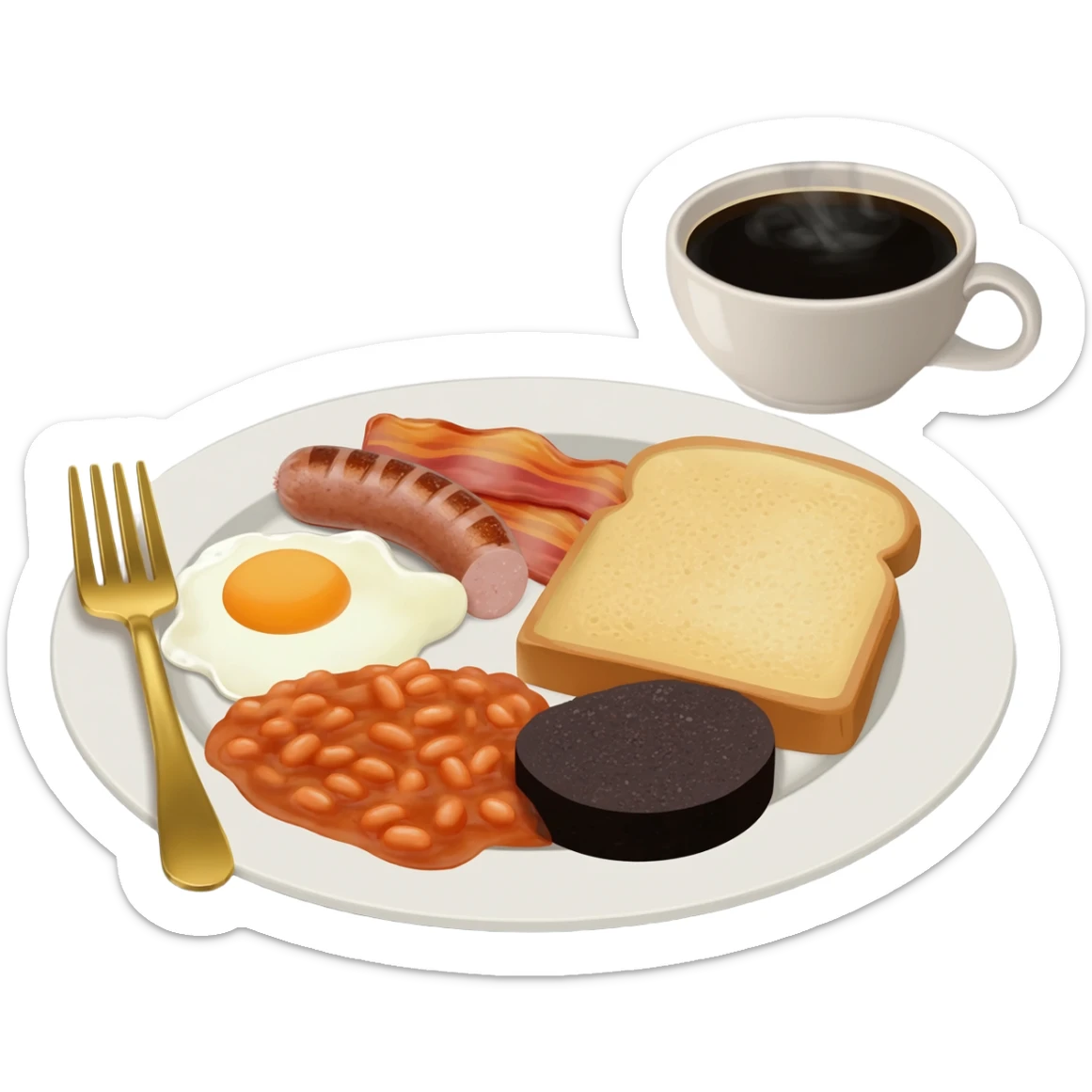 English breakfast full English breakfast with two eggs, bacon, sausage, beans, toast, and tomato оn a beautiful white plate with a gold fork and cup of coffee sticker