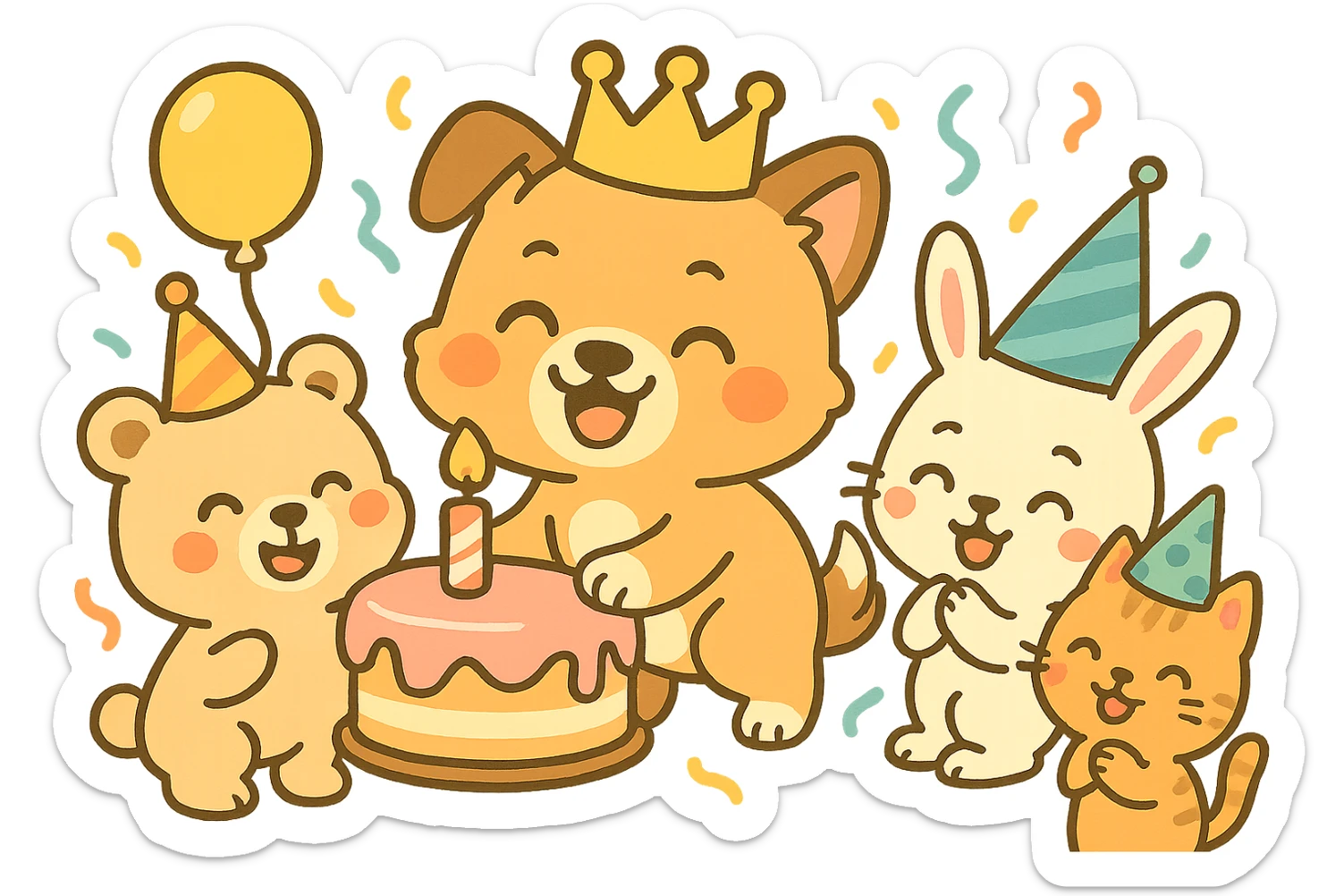 Add party guests around the dog, keeping the chibi sticker style, festive and cheerful, with no background. sticker