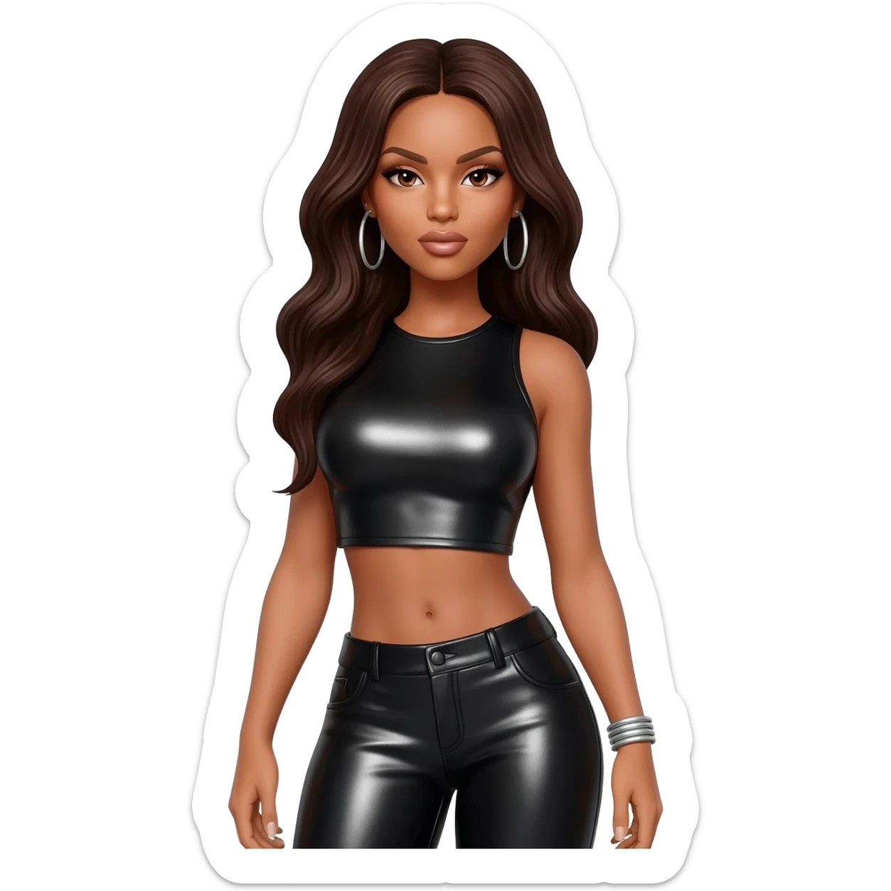 LeToya Luckett with long dark brown hair, black metallic crop top, black metallic pants, silver earrings sticker