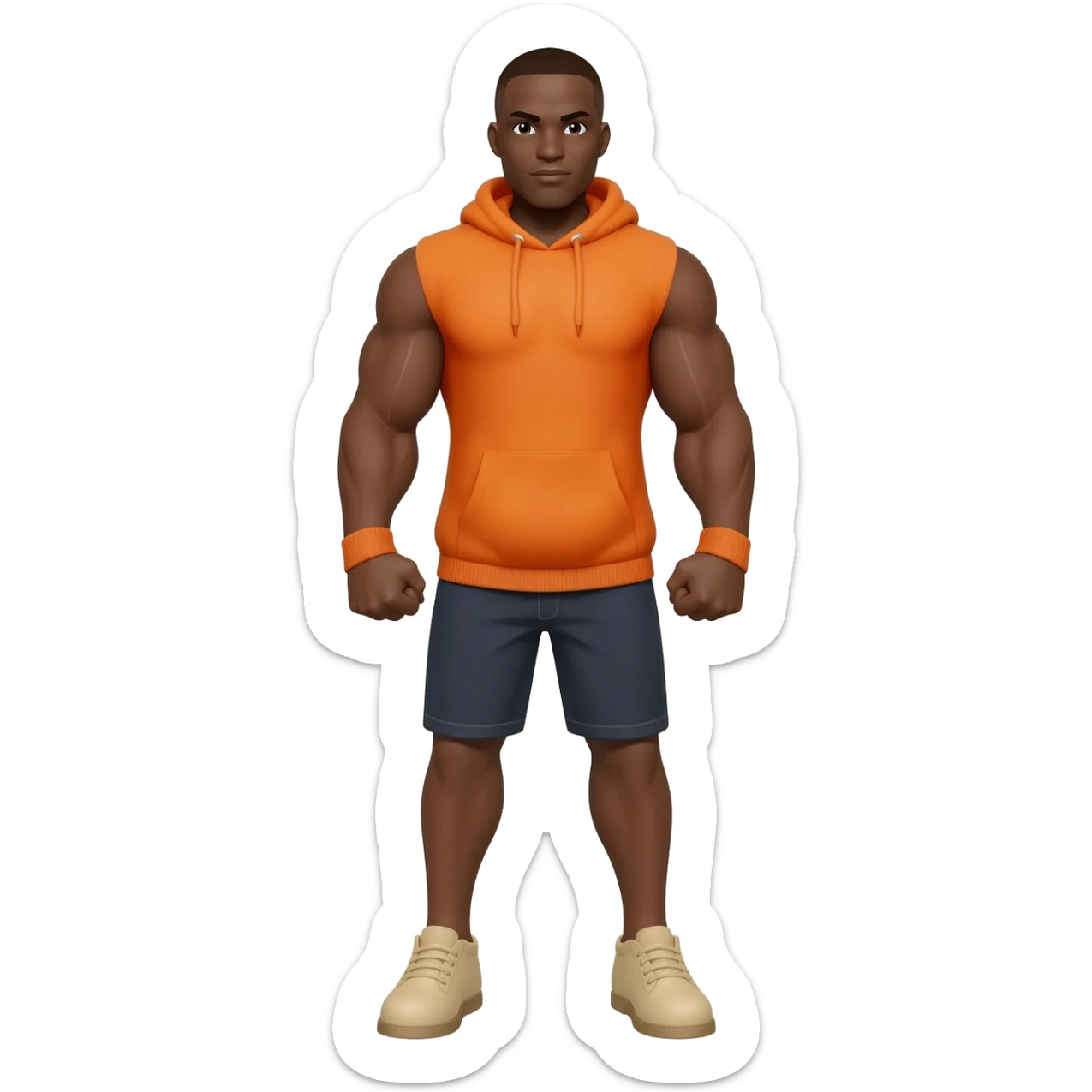 Black male look superstrong and big arms orange hoodie and beige shoes full body sticker