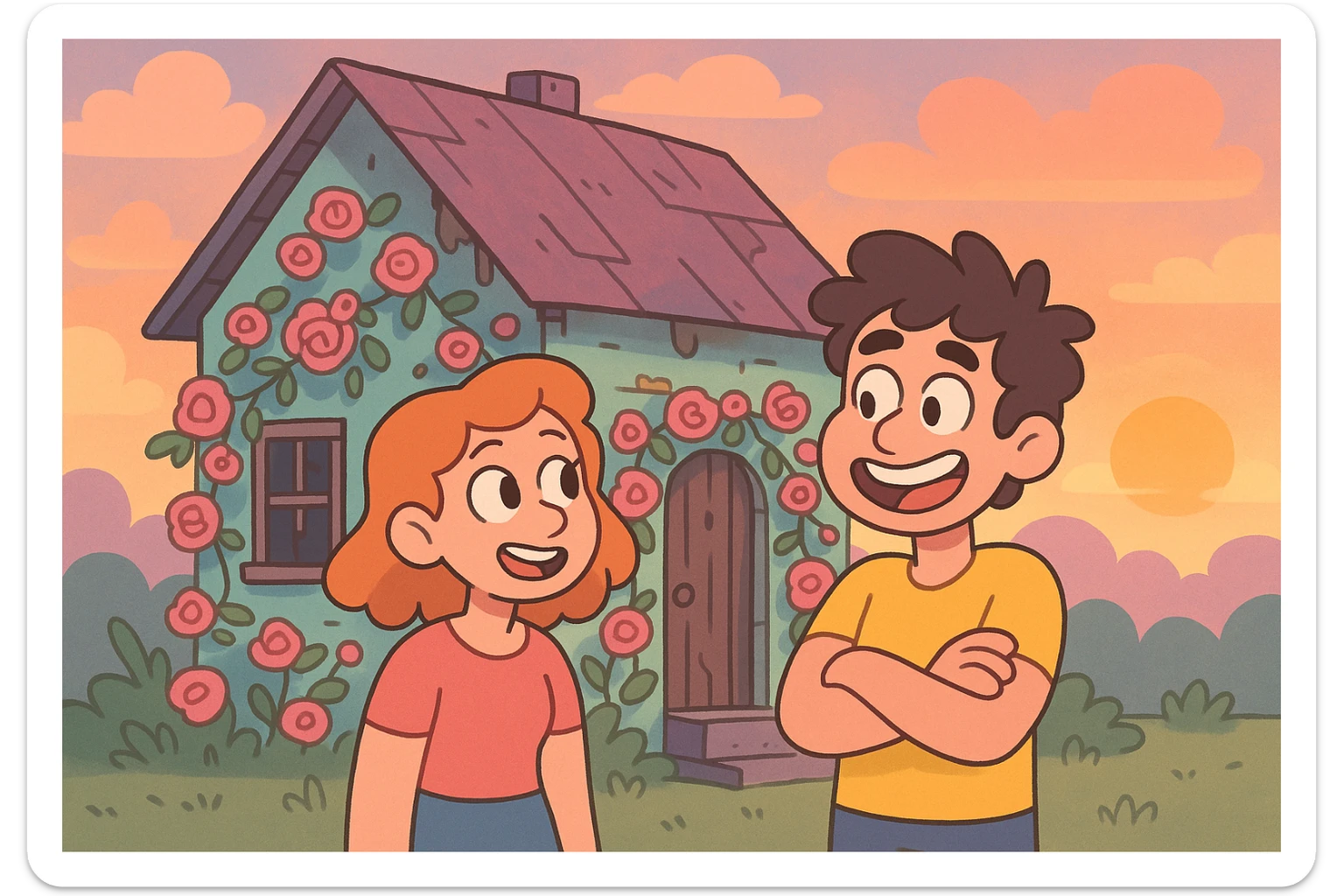 shabby house with pink roses and a sunset, all in pastel colors, soft and dreamy atmosphere sticker