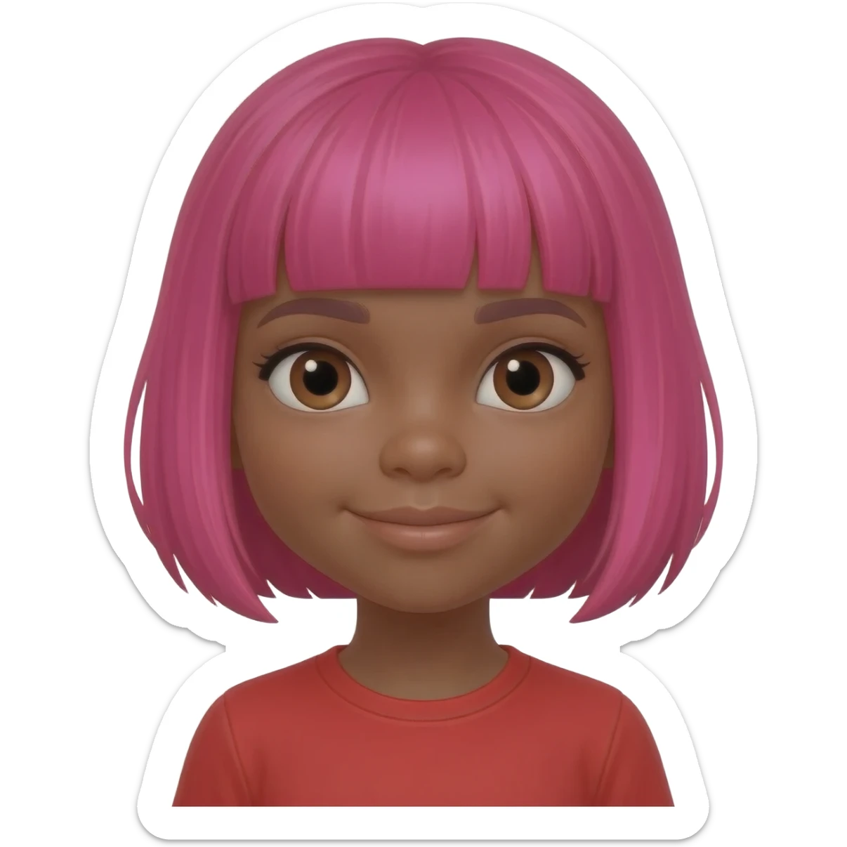 Black young girl hot pink bob hair cut with hot pink bangs With a red shirt brown eyes sticker