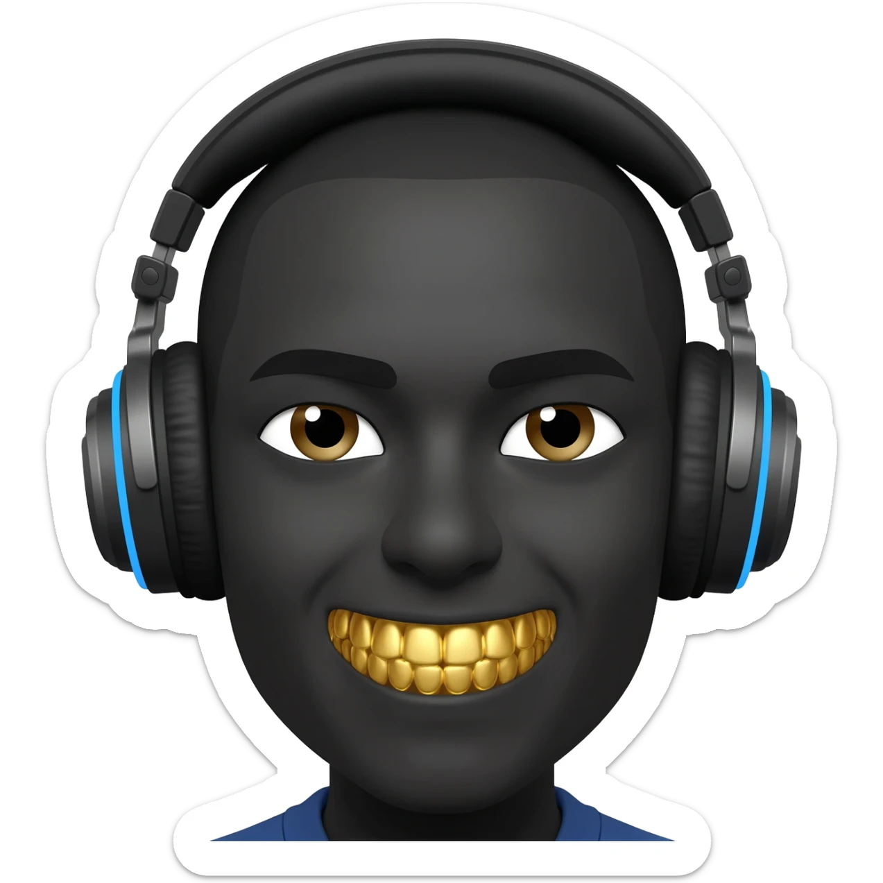 Black gamer wearing gaming headphones with gold teeth sticker