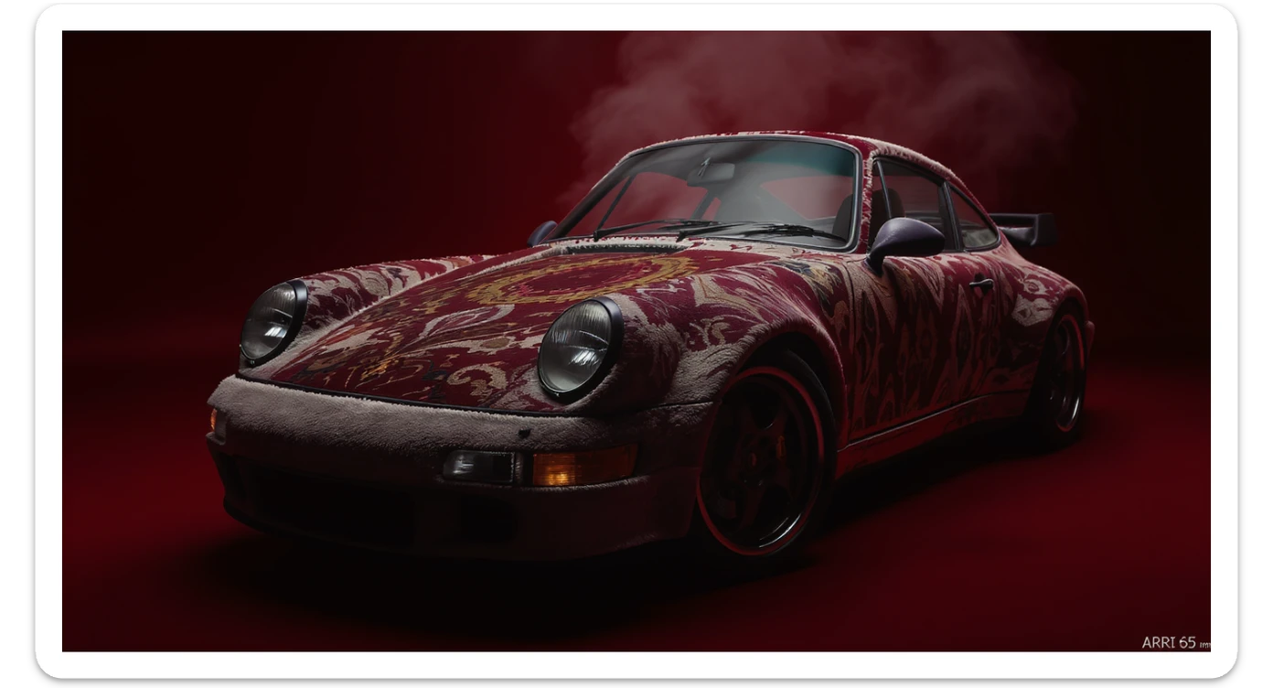 Closeup shot of a porsche 911, body of car made of russian carpet with patterns, red solid studio background, very dark room, top low key light, dutch angle, haze, captured by ARRI 65 sticker