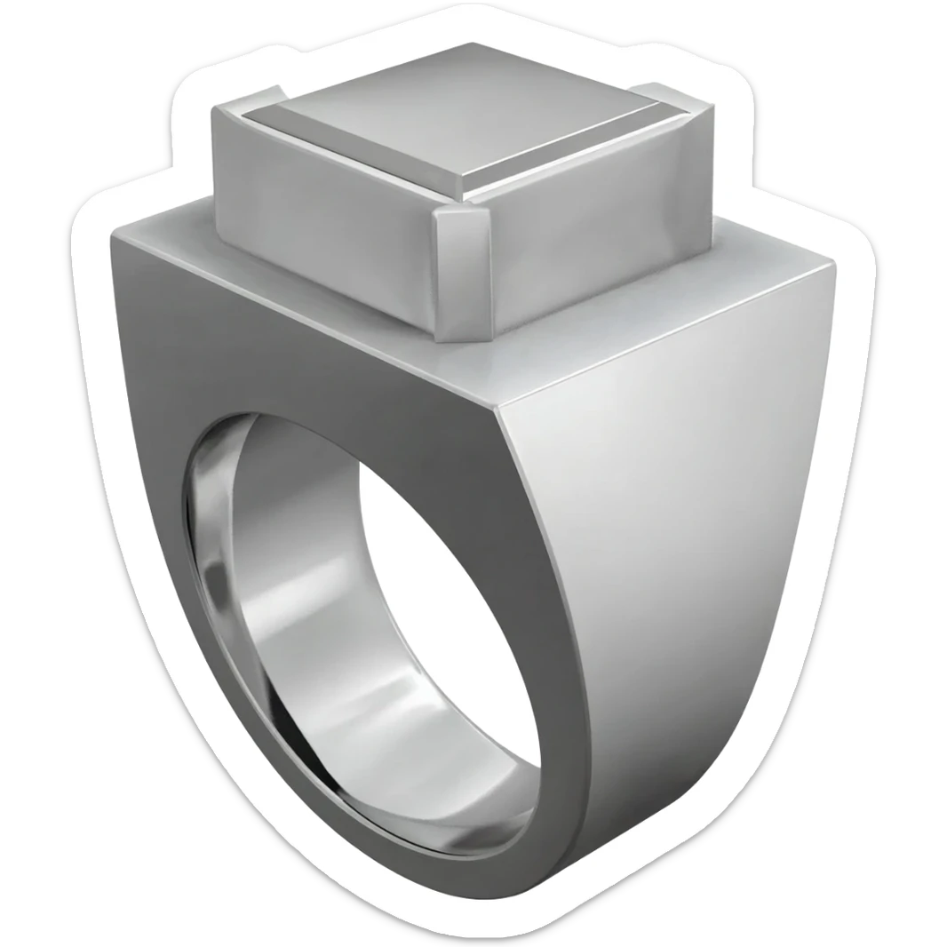 A heavy, masculine signet ring made of brushed platinum. The flat surface is blank, highly polished chrome, acting as a mirror. The design is architectural and severe, with sharp geometric edges. 3D isometric render. sticker
