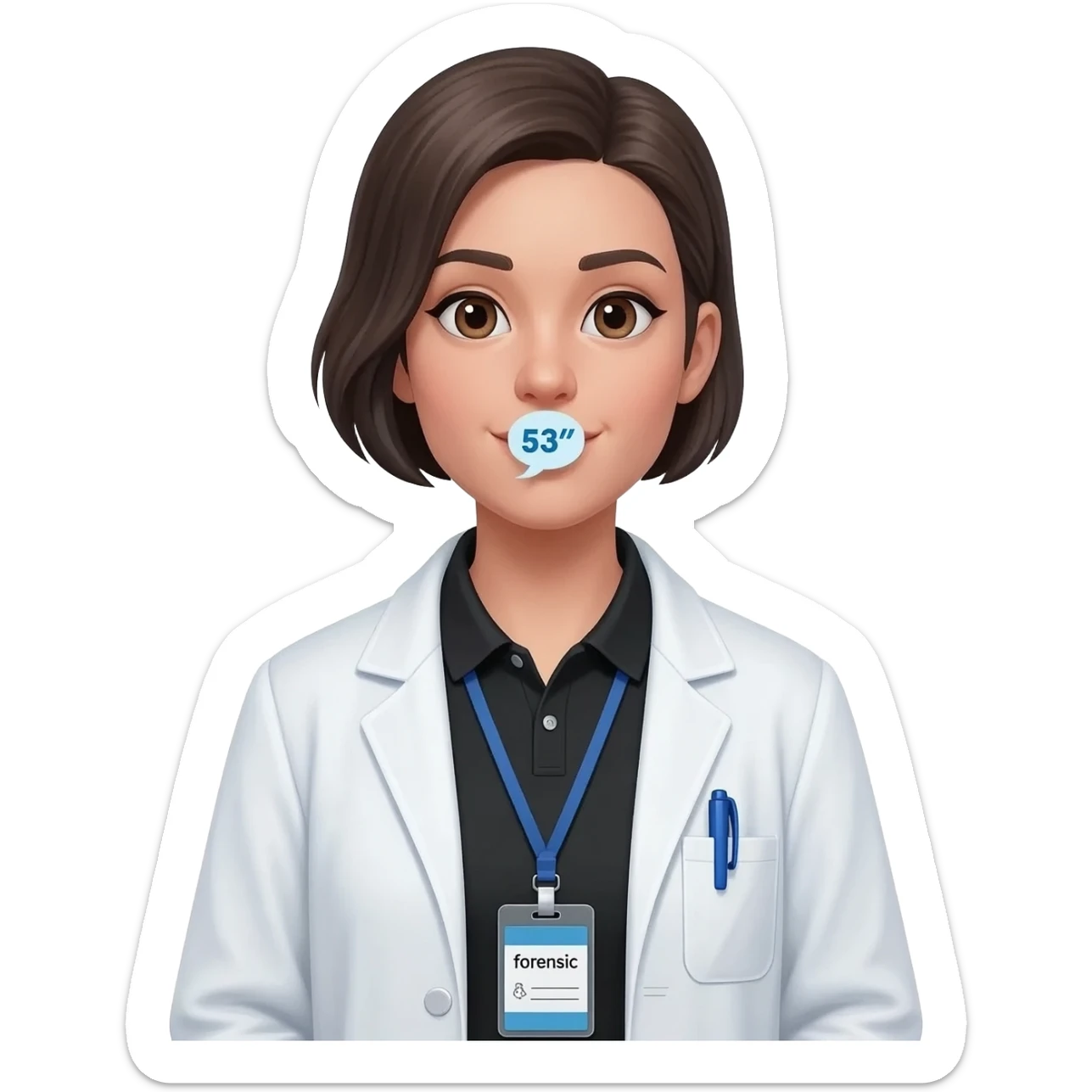 Hacer un emoji con bata, que se alcance a ver una bolígrafo azul en la bata, una polo color negro y un gafete colgando que diga forense, la cara que sea androgena un poco femenina, cabello corto peinado, que de su boca salga un globo de hablar que diga 53 sticker
