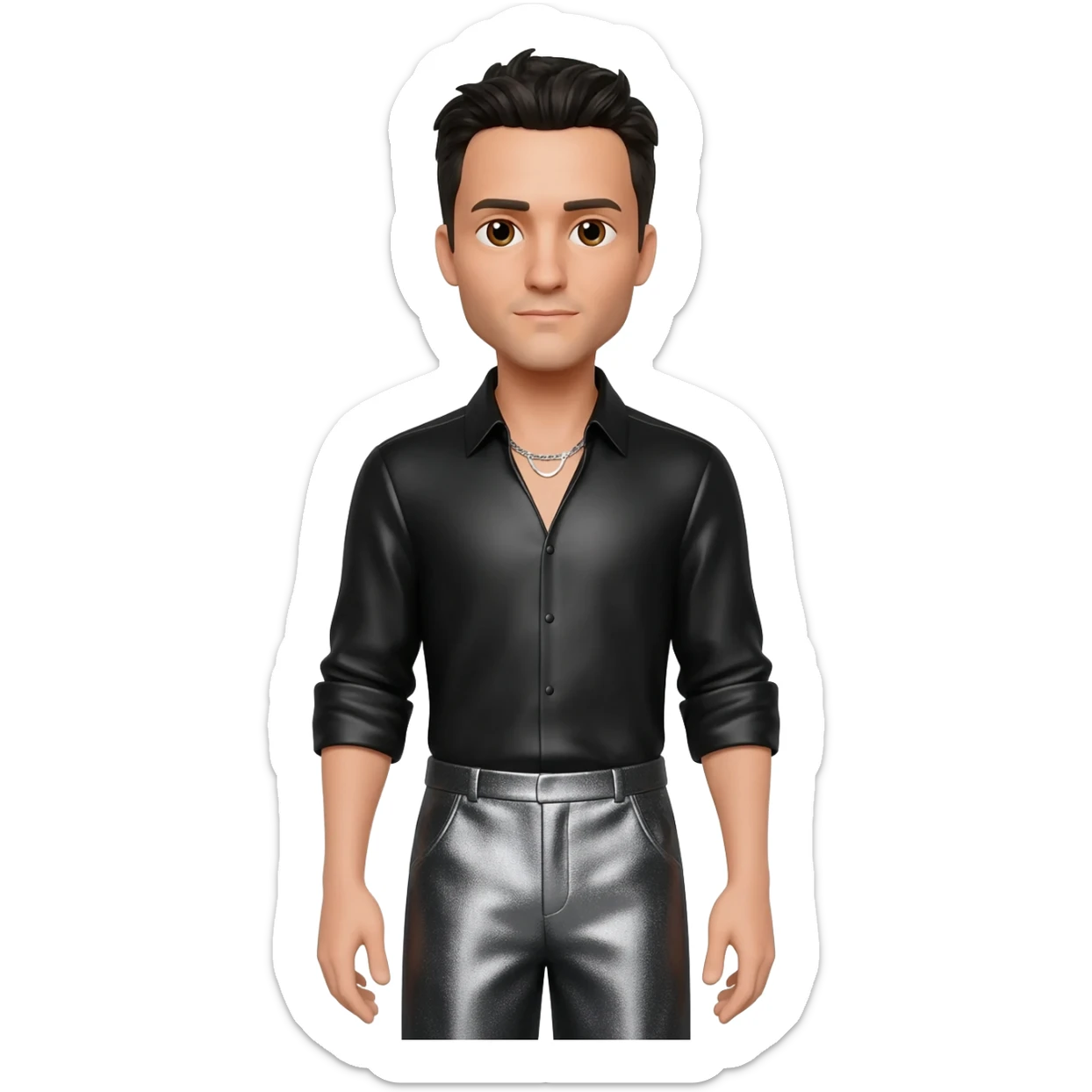 Joseph Gordon Levitt with brown eyes, black hair, black metallic shirt, charcoal metallic baggy pants, silver necklace sticker