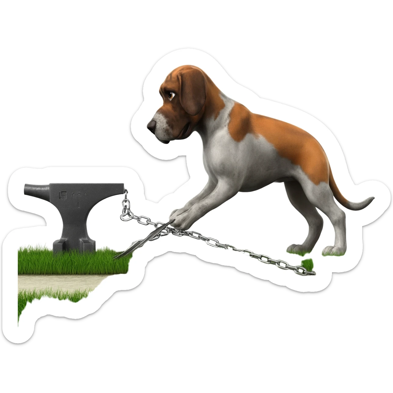 Have green grass under Pack hound standing pulling an anvil with  an electric shaver under anvil  show the green grass behind the anvil shaved lower cut grass path behind anvil.showing a shaven  path along green grass by leads or chains. Show the shaver cutting the grass sticker