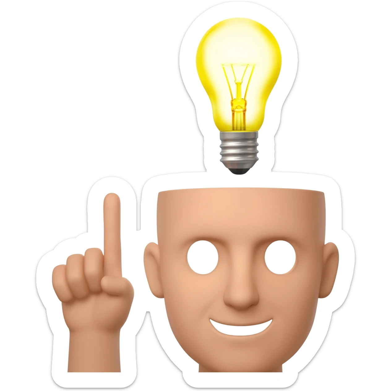 bald head with a large mouth in a u shape with one finger pointing up with a lightbulb above their head sticker