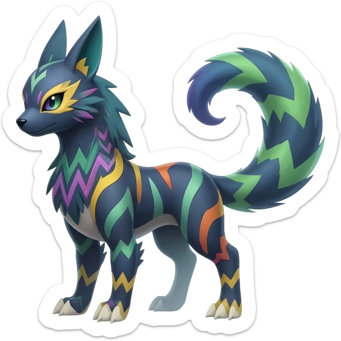 Hyper-realistic cool edgy badass zigzag-striped etched marked elegant Colorful Skilled Adept Graceful Asian Painted Meloetta-Furret-Lycanroc-Zangoose-fusion-hybrid-creature (full body) sticker