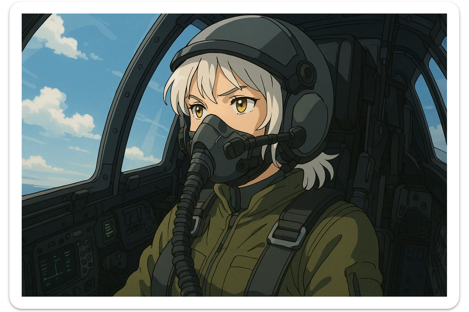 INSIDE of a modern fighter cockpit, the pilot is 1 female, white hair, gold yellow eyes, wearing a pilot face helmet and pilot jumpsuit. modern era, future warfare sticker