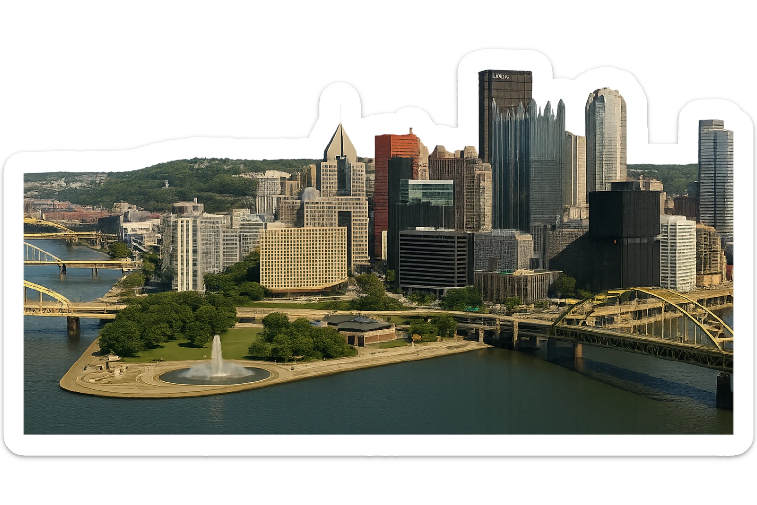 cinematic, realistic emoji of Pittsburgh, wide city view featuring only real, iconic landmarks including Point State Park Fountain, PPG Place, U.S. Steel Tower, and the city’s famous bridges, lifelike detail, accurate colors, bright daytime lighting, fully transparent background, no sky, no clouds, no imaginary or generic buildings sticker