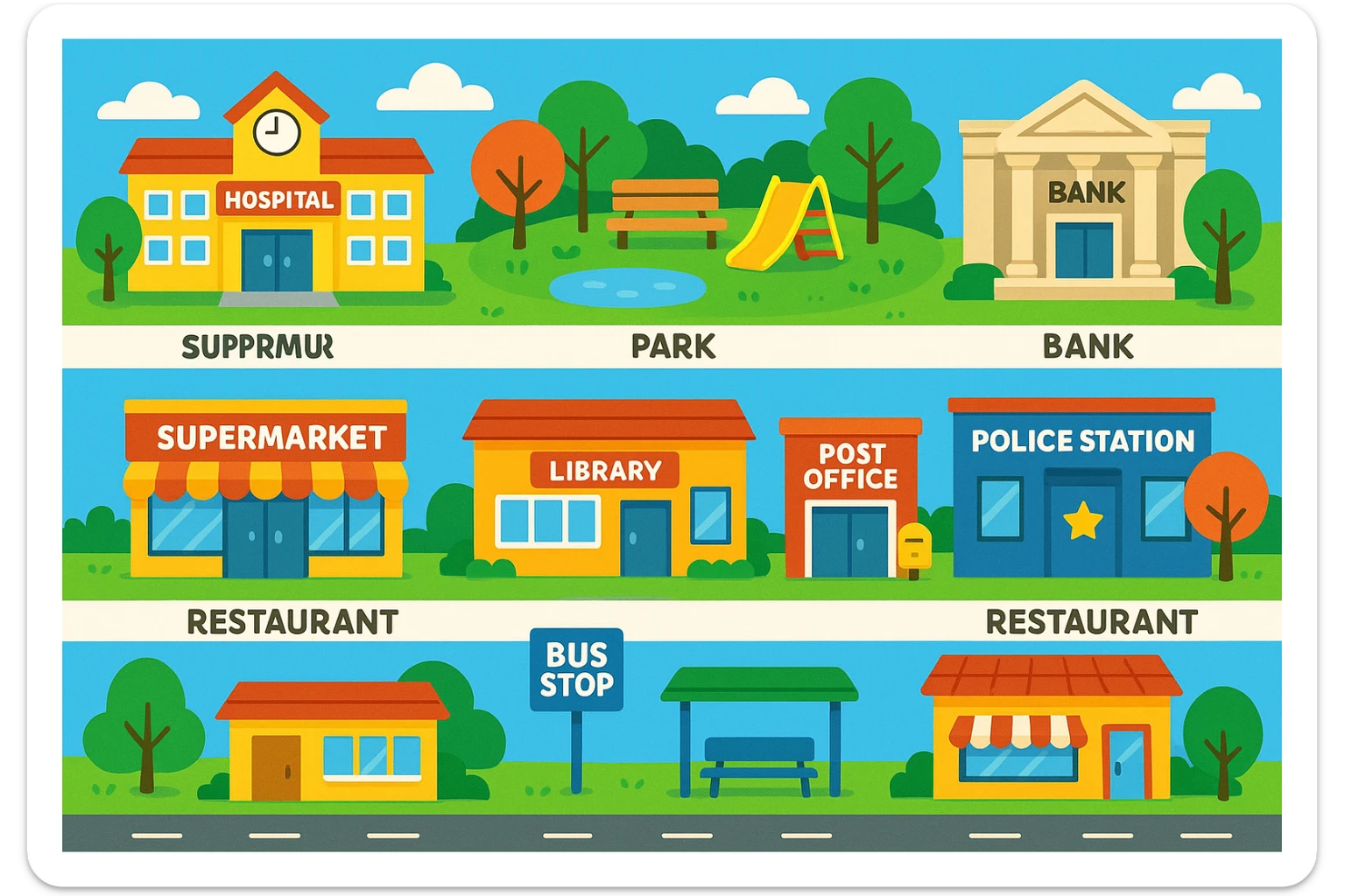 vibrant cartoon style image showing ten common places in town: school, hospital, park, bank, supermarket, library, post office, police station, restaurant, bus stop; each place clearly labeled with the label underneath; includes a road and trees; colorful and lively educational English learning material sticker