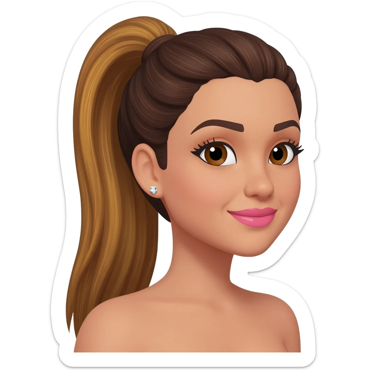 brunette with golden brown long hair with dark brown roots in a sleek high ponytail, dark brown eyes, medium brown eyelash color, full lips, small button nose, fair skinned like of olive color, with full eye lashes, diamond earring studs, with pink lipstick, and nice smile sticker