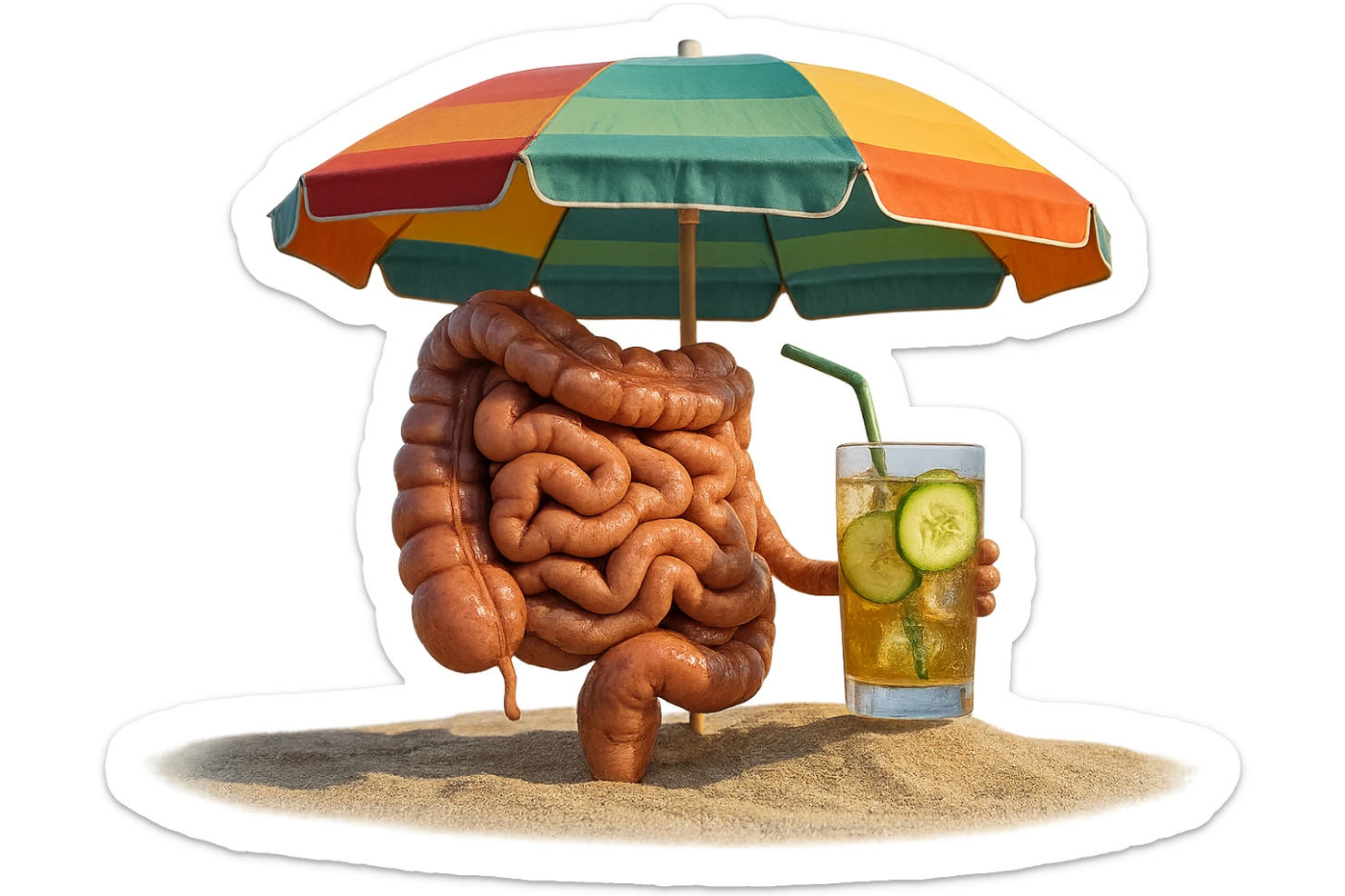 INTESTINO SEDUTO IN SPIAGGIA SOTTO L'OMBRELLONE MENTRE BEVE THè FREDDO CON CETRIOLO
IPERREALISTICO 4K sticker
