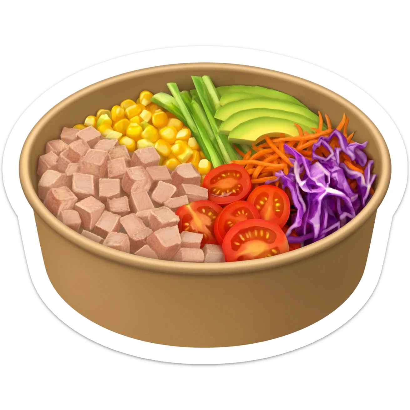 Poke bowl with tuna, tomato, corn, avocado, cucumber, carrot shedred, purple cabage, in a cardboard poke bowl.” sticker