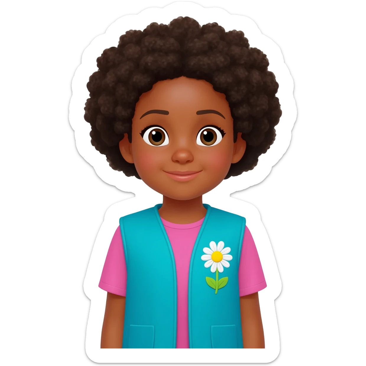 5 year old, fair skinned african american girl, in a blue Daisy Girl Scout vest with the Daisy logo included on her vest sticker