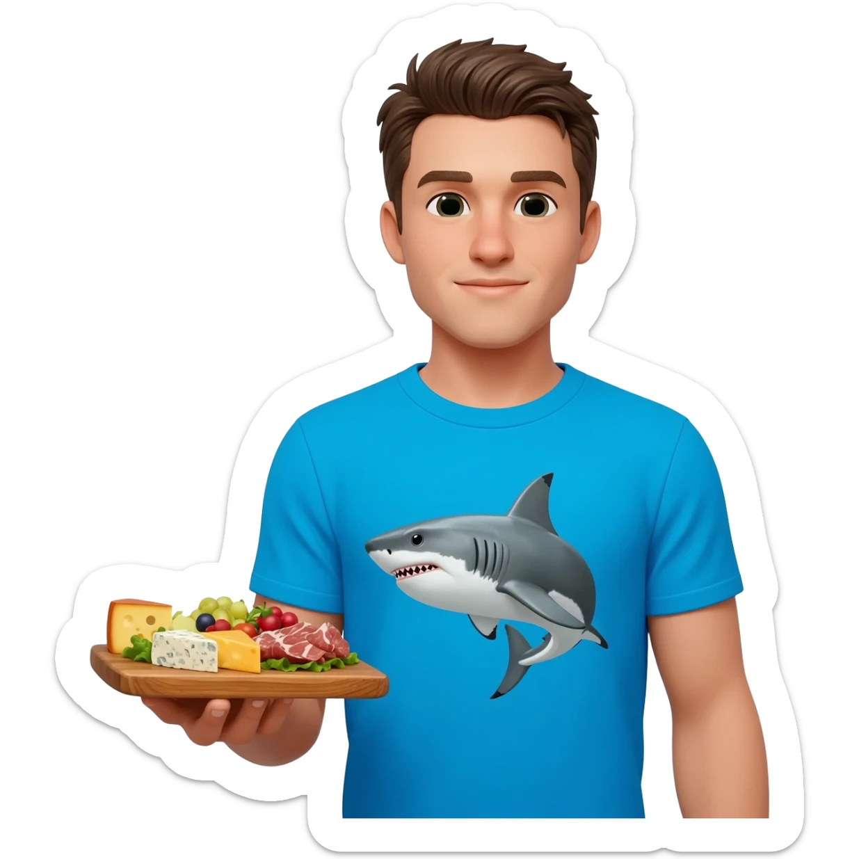a handsome man wearing a t-shirt with a shark image on it.  He's holding great food on his left hand sticker