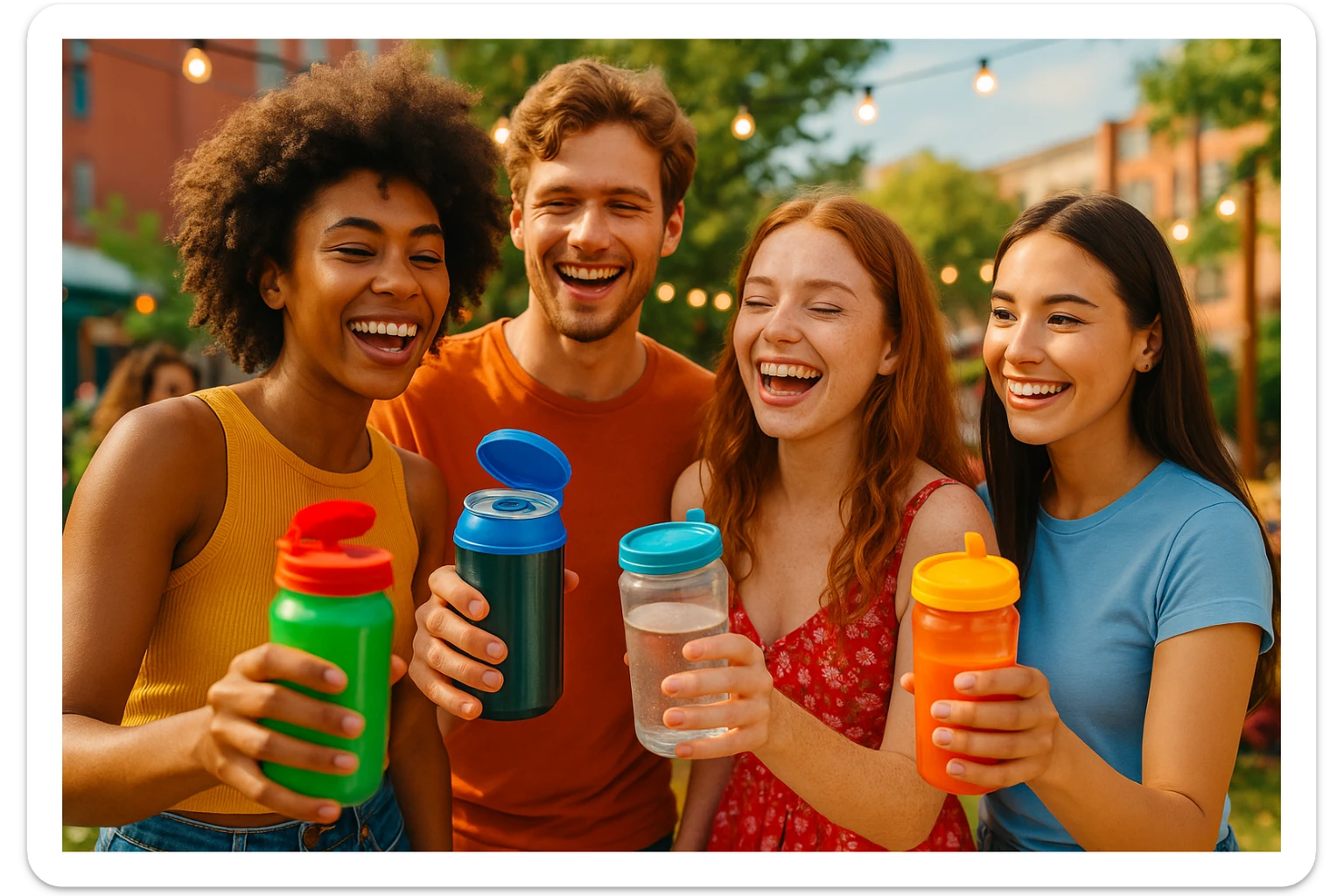 Készíts a következő jellemzőkre a mellékelt fotó felhasználásával a szöveghez illő képet, 1000x600px-es méretűt, fiatalos, dinamikus, megnyerő,változatos, színes, valósághű fotók legyenek!
„Megvéd a külső hatásokkal szemben”
Szennyeződések, darázscsípés (anafilaxiás sokk), „randidrog” esetek számának csökkentése. A „Zárd palackod a külvilág elől” drogprevenciós kezdeményezés fontos eleme. sticker