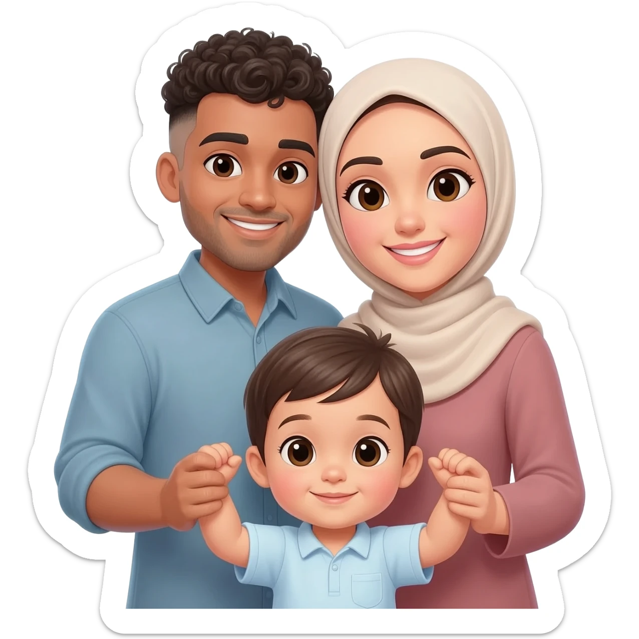 Family of four man woman 1 year old boy and baby girl but make the woman a hijabi and the boy younger man with a low fade pern get rid of the torso infront of woman give tha man curly hair with low fade sticker