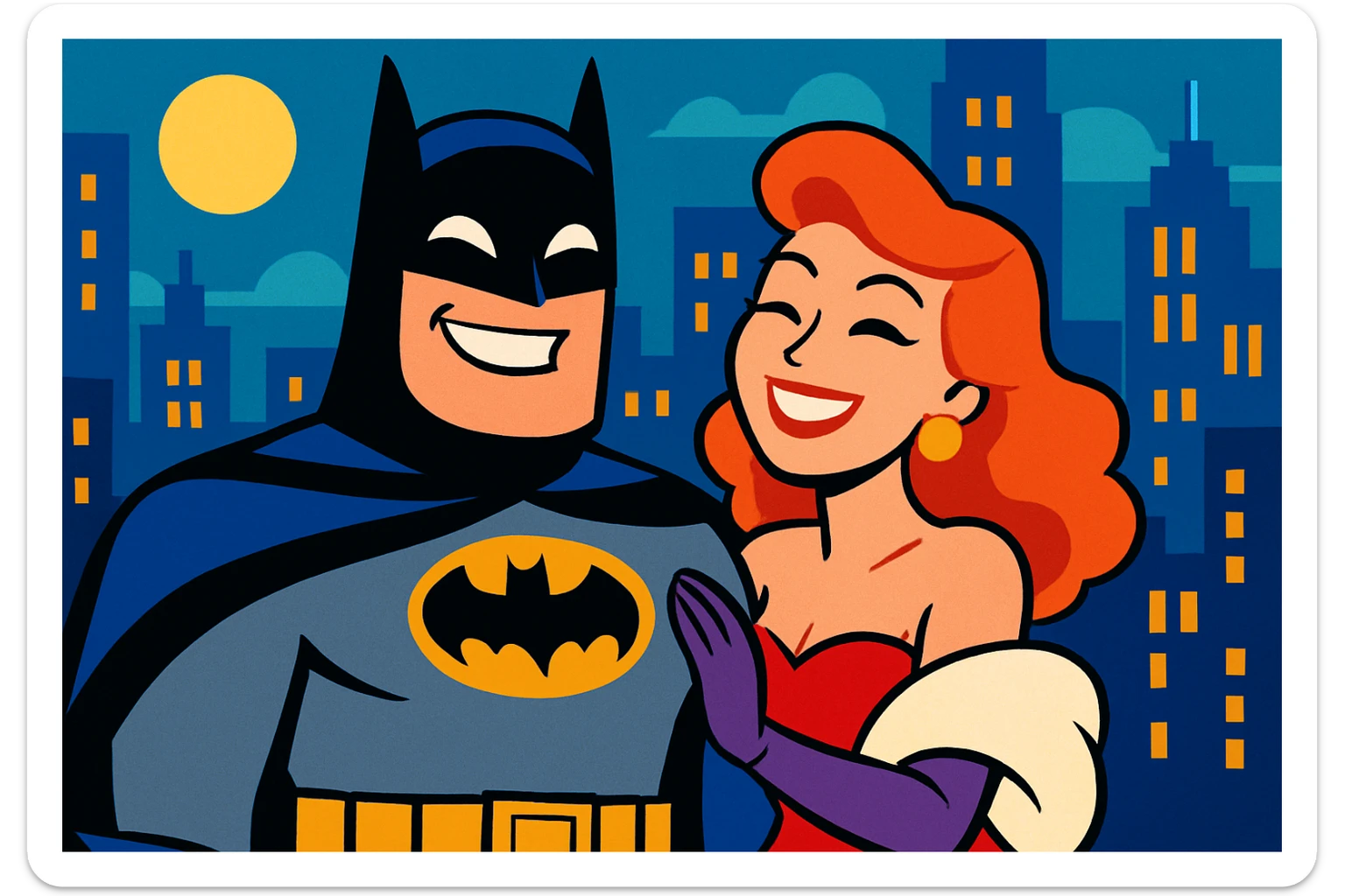 Batman with a woman in glamorous attire, both smiling, vibrant toon style, city background, lighthearted mood sticker