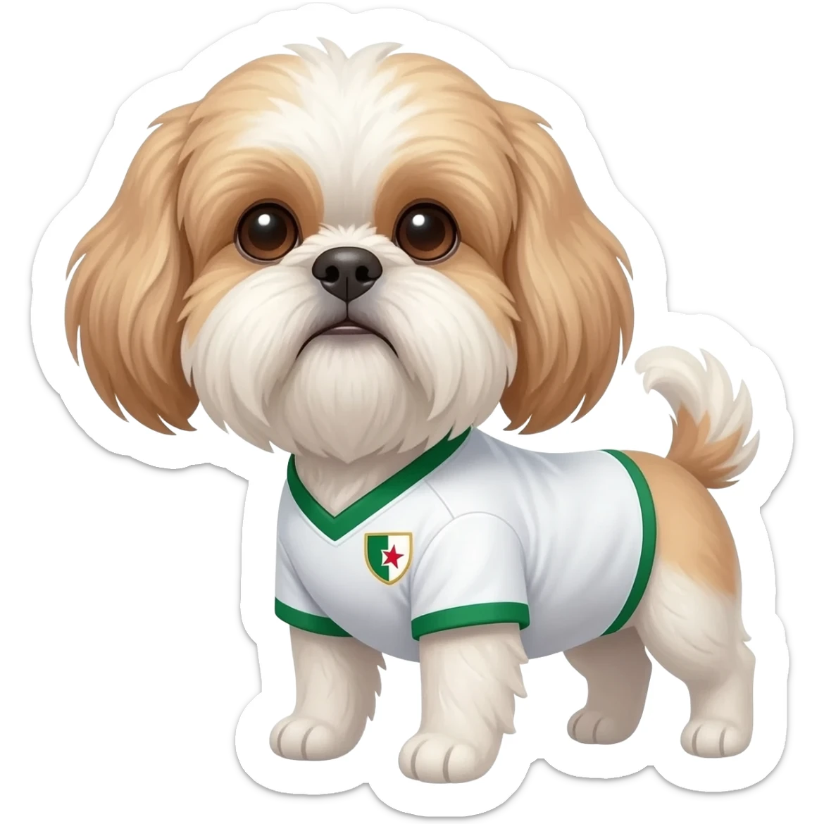 white and light brown shih zhu wearing aAlgeria soccer jersey v neck 2026 work cup sticker