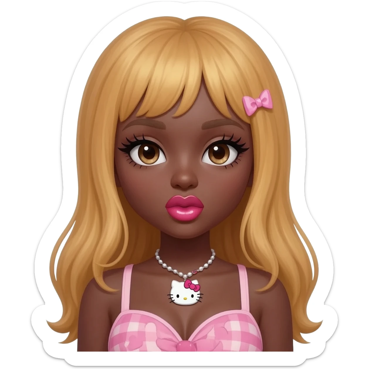 heart shaped lips, cute glossy lips, doll eyes with long lashes, dark brown skin, honey blonde hair, big chest, hello kitty necklace, one bow clip, bimbocore outfit sticker