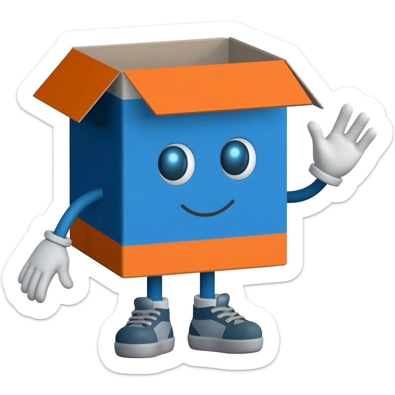 cute delivery box mascot waving hello, inspired by ACPL Cargo logistics brand, friendly customer chatbot emoji, blue and orange colors, simple clean emoji style sticker