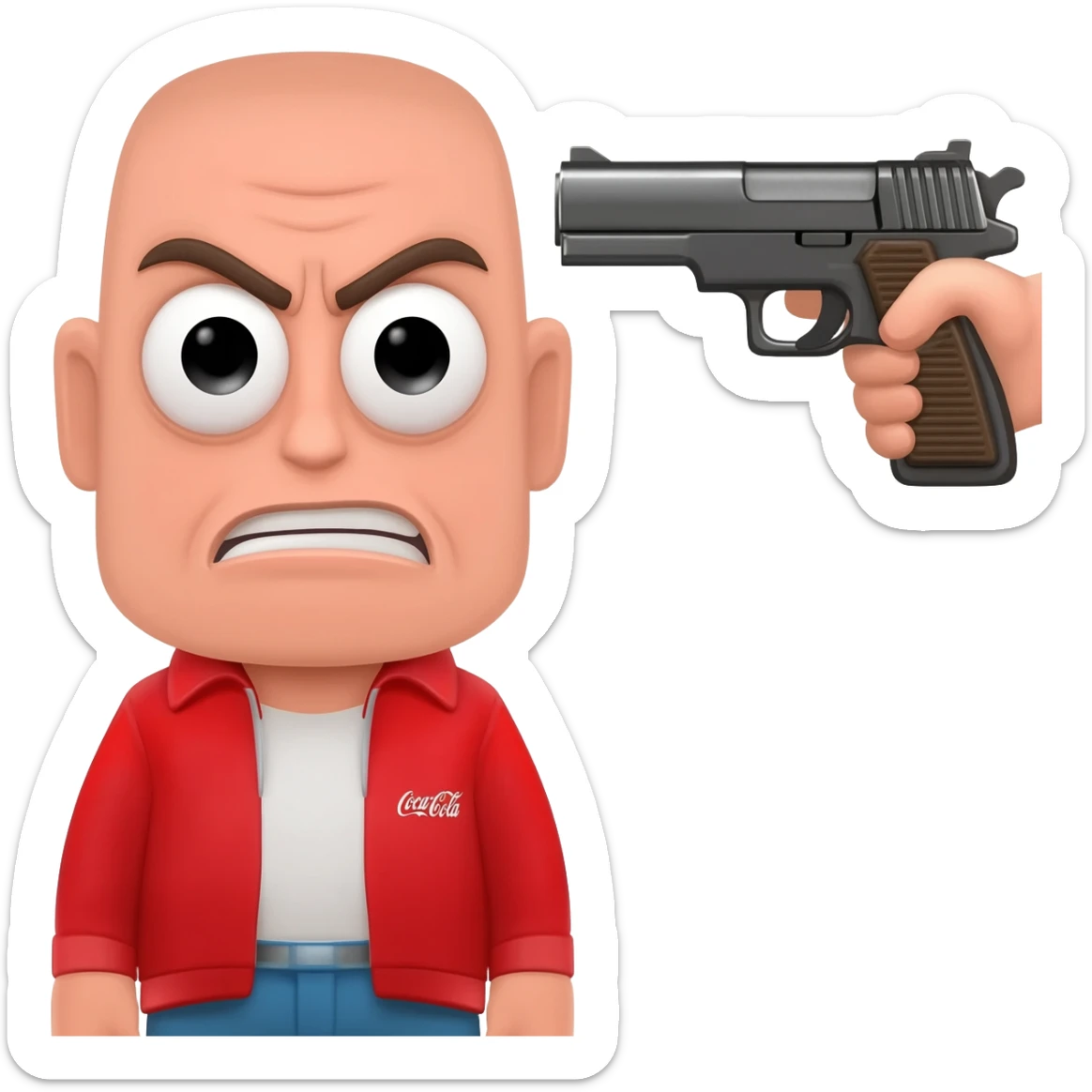 grumpy coca-cola emoji with someone pointing a gun to his head sticker