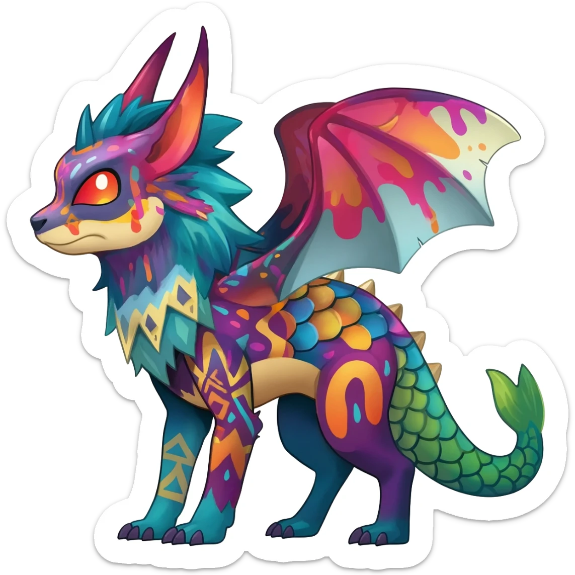 Colorful Exotic tropical Pokémon-Fakémon-hybrid-creature (full body) with tribal intricate splash-markings and patterns and furs and scales and spikes and fins and horns  sticker