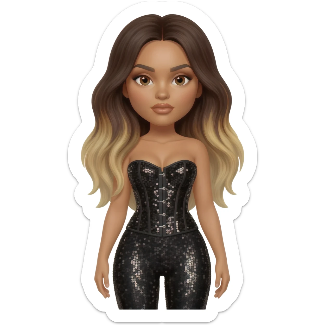 Jade Thirlwall with brown eyes, long dark brown hair with light blonde highlights, black sequin corset, black sequin leggings sticker