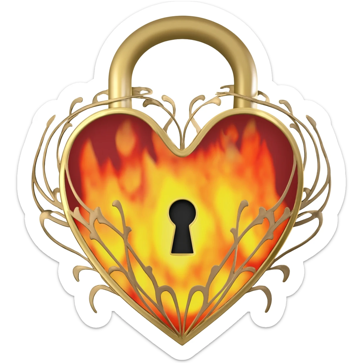 Emoji-style icon of a heart-shaped padlock made of shiny gold metal, with a keyhole in the center. Flames burning inside the heart and around it in yellow, orange, and red. Clean vector emoji design, glossy highlights, vibrant colors, centered, square format, white or transparent background. sticker