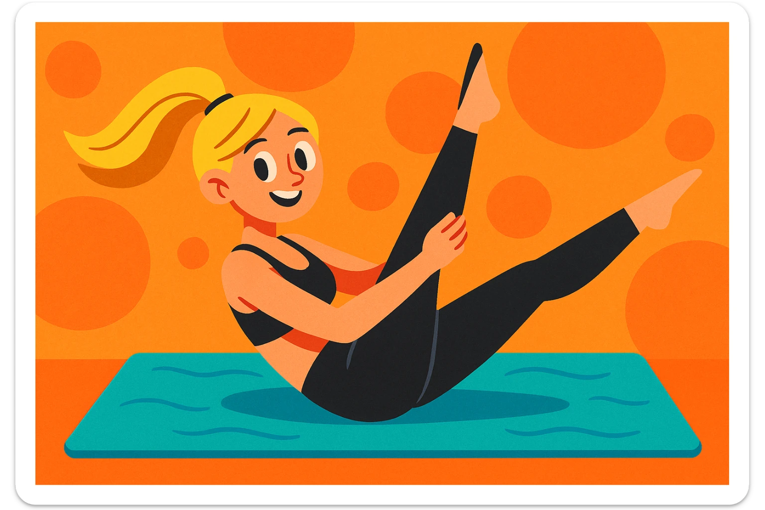 dirty blonde girl with black leggings and black bra doing pilates, stretching on a mat, vibrant toon style sticker